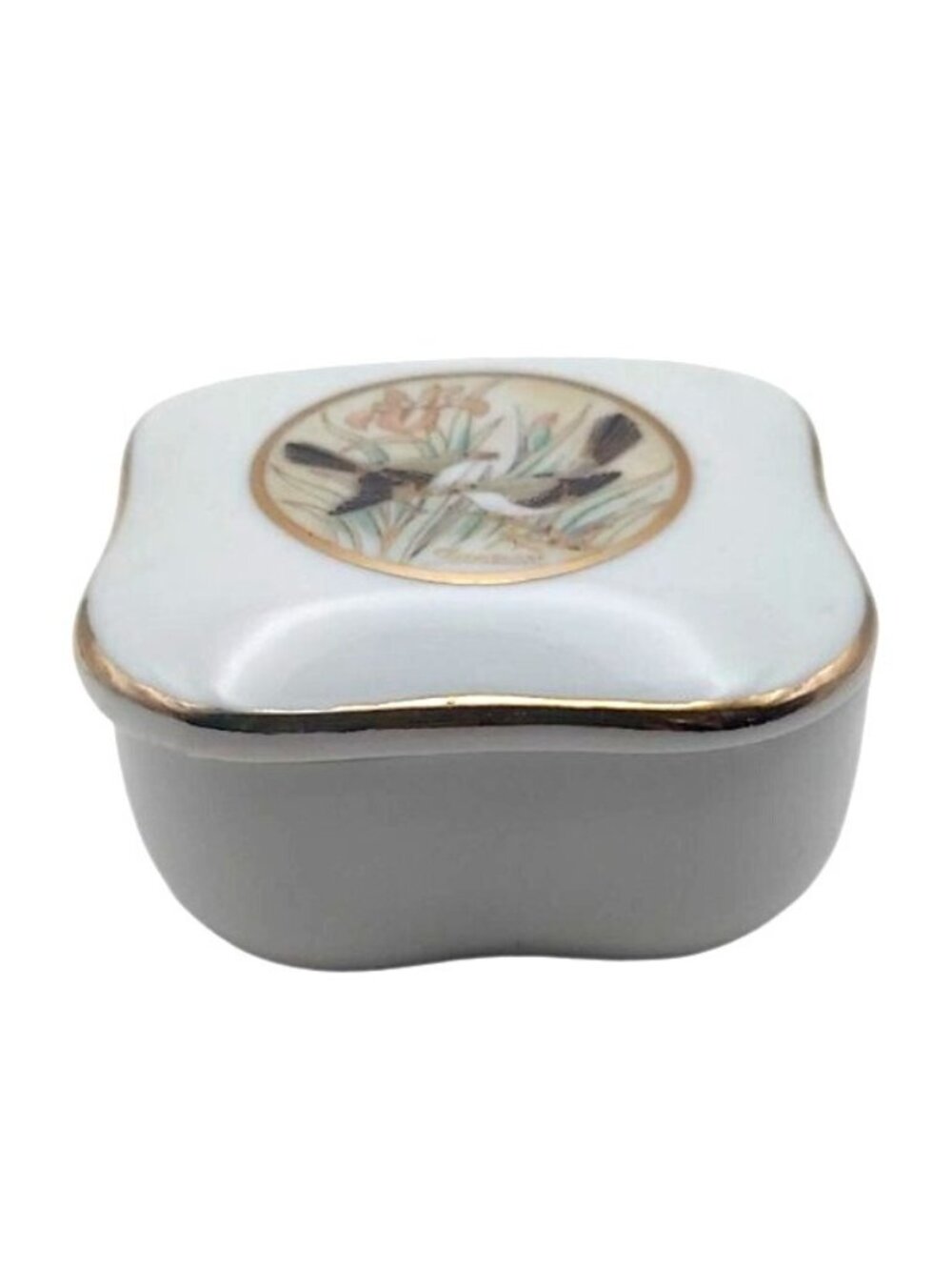 Lefton China Porcelain Trinket Box Chokin Tennessee Birds w/ Gold Trim Lid 1988